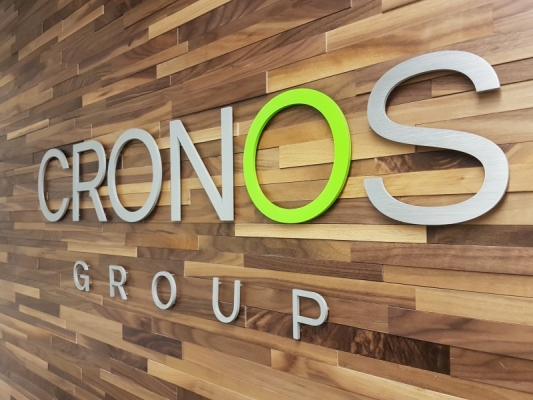 3D solid aluminium letters painted to match the colours for CRONOS GROUP