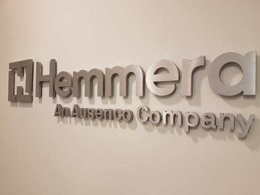 Brushed aluminium 3D cut out logo for Hemmera