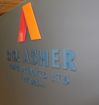 Painted cut out logo installed raised from the wall SO ASHER