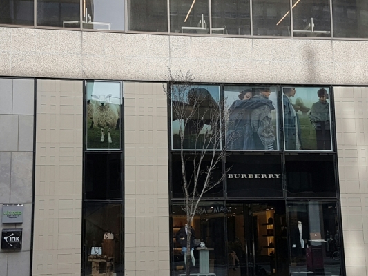 BURBERRY reversed full color printed graphics on a windows