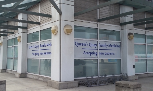 Qeen's Quay color print on a perforated vinyl