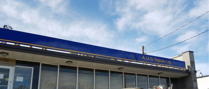 Gloss custom blue aluminium with graphics roof sign