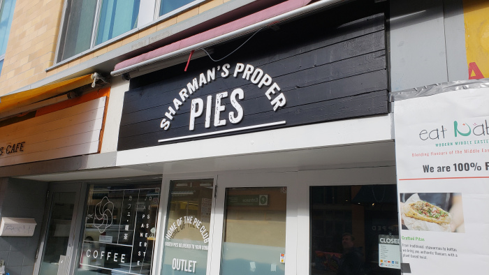 Store-front-sign-3D-white-acrylic-logo-Sharmans-Proper-Pies
